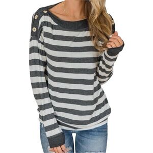 NWT 12 PM by‎ Mon Ami Long Sleeve Striped Top - Charcoal & Ivory M